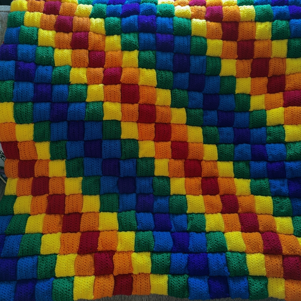Hand Crochet Rainbow Puff Square Quilt Blanket